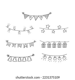 Festive garlands. Form of Christmas trees, houses, flags and triangles, light bulbs. Elements for interior decoration. Black and white vector isolated illustration hand drawn doodle. Holiday season