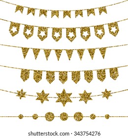 Festive garlands with golden glitter texture consisting of small stars.