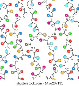 Festive garlands with multicolored lights. Vector seamless pattern on a white background.