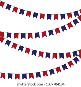 Festive garlands of red blue flags on a white background