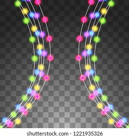 Festive garlands set of decorations with multicolor shiny lights, sparkling glittering. Christmas lightbulbs vector illustration on transparent background