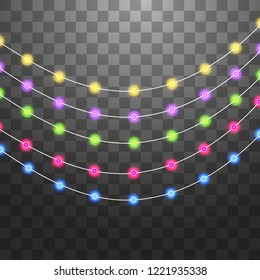 Festive garlands set of decorations with multicolor shiny lights, sparkling glittering. Christmas lightbulbs vector illustration on transparent background
