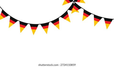 Guirnaldas festivas de banderas triangulares con los colores negro, rojo y dorado de la bandera nacional alemana sobre un fondo blanco.
