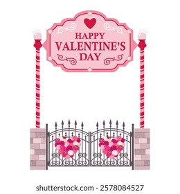 Festive gates with a Happy Valentine's Day sign with striped columns and wrought-iron doors.  Illustrated vector clipart.