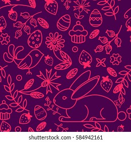 Festive, gentle, bright, seamless pattern with linear icons Easter rabbits, berries, birds, eggs, ornaments. Texture, decoration for the holiday of light Easter.