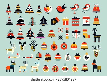 Festive Geometric Christmas Icon Collection Featuring Trees, Ornaments, Reindeer, Bells, And Gifts In A Bold Flat Vector Style  