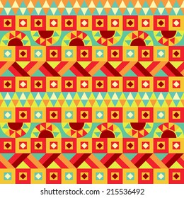 Festive geometric ethnic pattern. Abstract tribal seamless ornament. Endless bright background. Vector is EPS8, elements are grouped by colors.