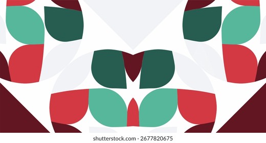 Ein festliches geometrisches Muster in Weihnachtsfarben mit sich wiederholenden abstrakten Formen in Rot und Grün.