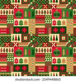 Festive geometric pattern with Christmas tree ornaments and candy canes. Perfect for holiday backgrounds, wrap paper, greeting cards, and decorations.