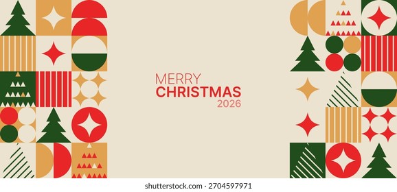 Festive geometric pattern with Christmas trees and abstract shapes. Merry Christmas 2026 greeting for holiday card and winter season decoration.