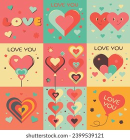 Festive geometric pattern with cute hearts for Valentine's Day. Vector illustration for greeting cards, packaging, posters, flyers, wrapping paper, web resource