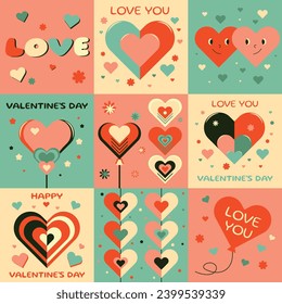 Festive geometric pattern with cute hearts for Valentine's Day. Vector illustration for greeting cards, packaging, posters, flyers, wrapping paper, web resource