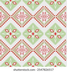Festive Geometric Pattern with Red and Green Diamond Motifs. Symmetrical Tribal-Inspired Design for Textiles, Wallpaper, and Seasonal Decorations