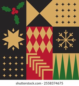 Festive geometric vector design featuring Christmas motifs like holly, stars, and ornaments in Scandinavian style. Perfect for patterns and holiday projects.