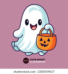 Festive Ghost and Pumpkin: Cute Cartoon Illustration with Candy Basket in Vector Style for Poster, Card, Decoration, and Print