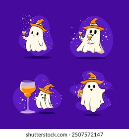 Festive ghosts with party hats, balloons, and decorations, bringing fun and celebratory spirit to Halloween. Contemporary art collage. Vector illustration. Creative design, poster, postcard template.