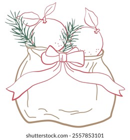 Festive gift bag - vector festive hand-drawn illustration with bag, ribbon bow, oranges. Outline Christmas holiday clip art 