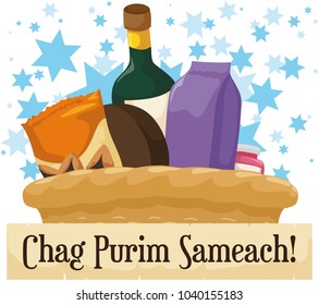 Festive gift basket for charity or gift to friends, full with snacks and wine with greeting in a scroll for a happy Purim (or "Chag Purim Sameach" in Hebrew) celebration over a starry background.