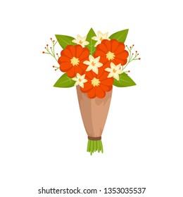 Festive gift bouquet of ivory and red flowers in mate paper on empty background