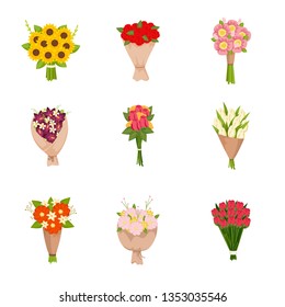 Festive gift bouquets of flowers icons set on empty background