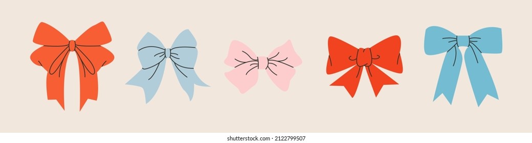 Festive gift bows and ribbons in cartoon style. Simple decorative bow for hair flat vector illustrations set. Multicolor bows for presents wrapping elements isolated. Gift birthday xmas sale decor.