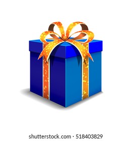 Festive gift box blue. Tied with orange ribbon with stars, with a bow on top.