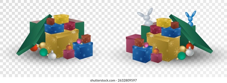 Festive gift box with a bow on a transparent background. Christmas gift, set of different boxes 3D effect, png. Light background with a place for congratulations or greetings.