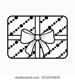 festive gift box with bow tied with ribbon top view contour drawing flat style