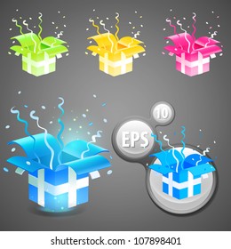 Festive gift box with colorful ribbon, serpentine and confetti eps10 vector icon set