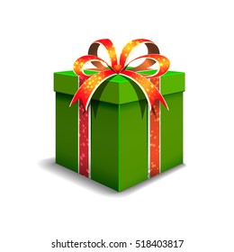 Festive gift box green. Tied with orange ribbon with stars, with a bow on top.