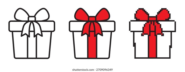 Festive gift box icon set with editable stroke, colorful style and retro pixel art