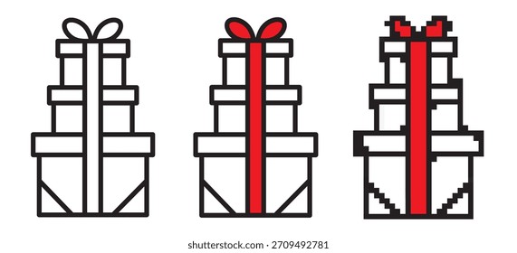 Festliche Geschenkbox-Icon-Set mit editierbarem Strich, buntem flachen Stil und Retro-Pixel-Kunst