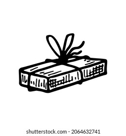 Festive gift box in paper wrapping with ribbon and bow. Hand drawn line vector illustration in doodle style.