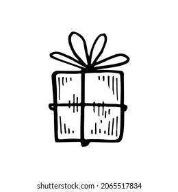Caja de regalo festiva en papel envuelto con cinta y arco. Ilustración vectorial de línea dibujada a mano en estilo doodle.