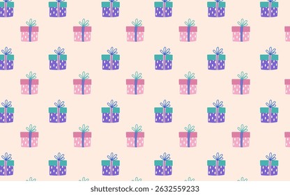 Festive gift box seamless background in pastel tones. Ideal for invitations, greeting cards, baby shower themes, and sweet product packaging