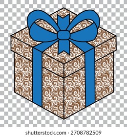 A festive gift box with a swirling pattern, tied with a bright blue ribbon and bow, isolated on a transparent background.