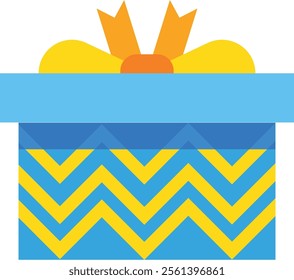 Festive gift box wrapped in blue and yellow chevron pattern paper, adorned with an orange bow, perfect for celebrating birthdays, holidays, or any special occasion