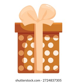 Caja de regalo festiva envuelta en papel de lunares marrones y atada con un lazo de cinta crema, perfecto para cumpleaños, vacaciones o cualquier ocasión especial