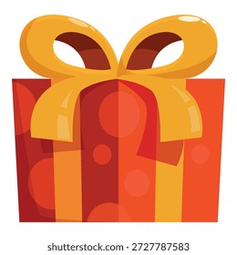 Caixa de presente festivo envolto em papel vermelho e laranja com um arco amarelo, perfeito para aniversários, feriados ou qualquer ocasião especial