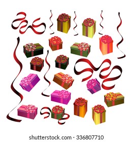 Festive gift boxes with colorful bows and ribbons