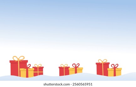 Festive gift boxes in red and gold placed on a snowy background, ideal for holiday themes, Christmas promotions, and celebration illustrations