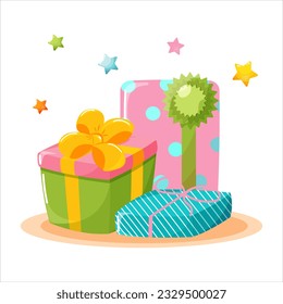 Festliche Geschenkbox mit Bändern und Dekorationen. Flacher Stil, Vektorgrafik.