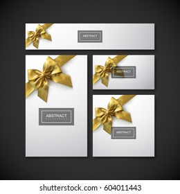 Festive gift cards, flyers and banners design template. Set of design elements for holiday package design. Vector illustration. Card, banner, cover, brochure with golden bow and ribbon