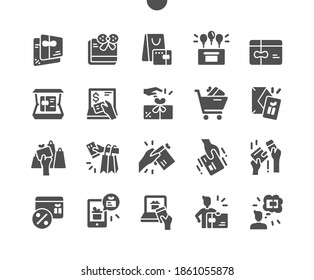 Festive gift cards. Sale and shopping. Gift voucher, special voucher, discount cards. Gift card online. Gift card in hand. Vector Solid Icons. Simple Pictogram