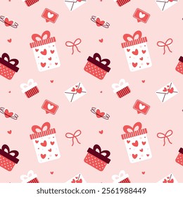 Festive Gift and Love Letter Pattern on Soft Pink Background Valentines Day seamless pattern Square vector backdrop, wedding, packaging, wrapping paper, wallpaper, fabric, textile, holiday template