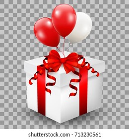 Festive Gift Packaging, Box. Red Bow. Vector illustration. Flying Realistic Glossy Colorful Balloons with Party and Celebration concept.