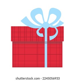 Festive gift in square box with red wrapping paper, blue ribbon and bow. Vector illustration isolated design