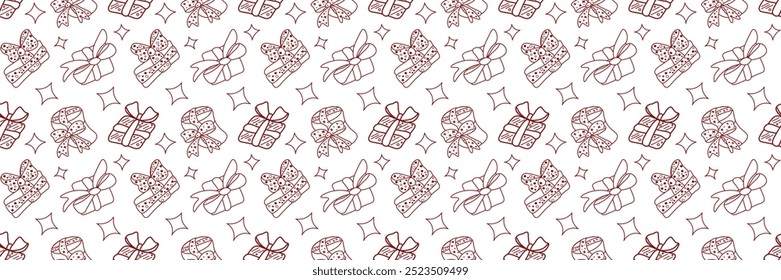 Festive Gift and Star Patterns Collection.
Drawing with gift boxes tied with ribbons and bows surrounded by stars.  Seamless pattern on white isolated background
