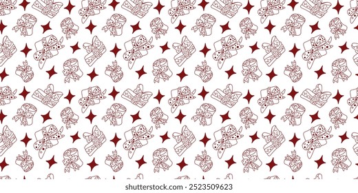 Festive Gift and Star Patterns Collection. 
Design with boxes tied with ribbons and large stars evenly distributed across the background. Seamless pattern on white isolated background
