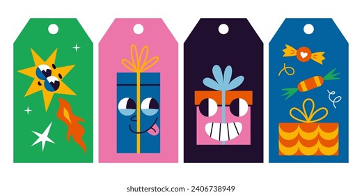 Festive gift tags and cards. Comic groovy characters, holiday attributes, cartoon style. Trendy modern vector illustration, flat design